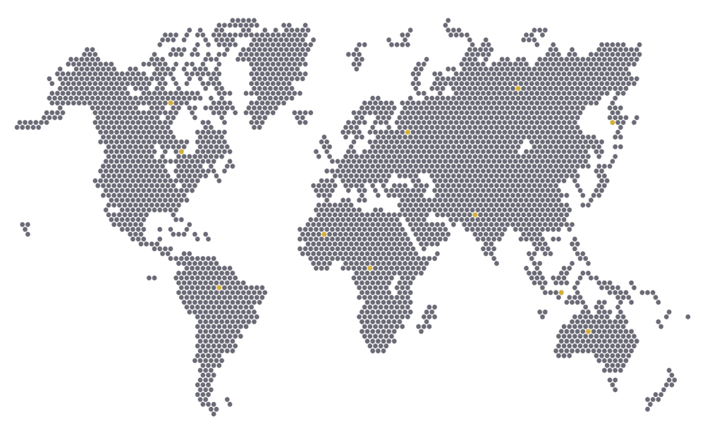 World map in grey dots, with gold markers on the places enAFI trades in