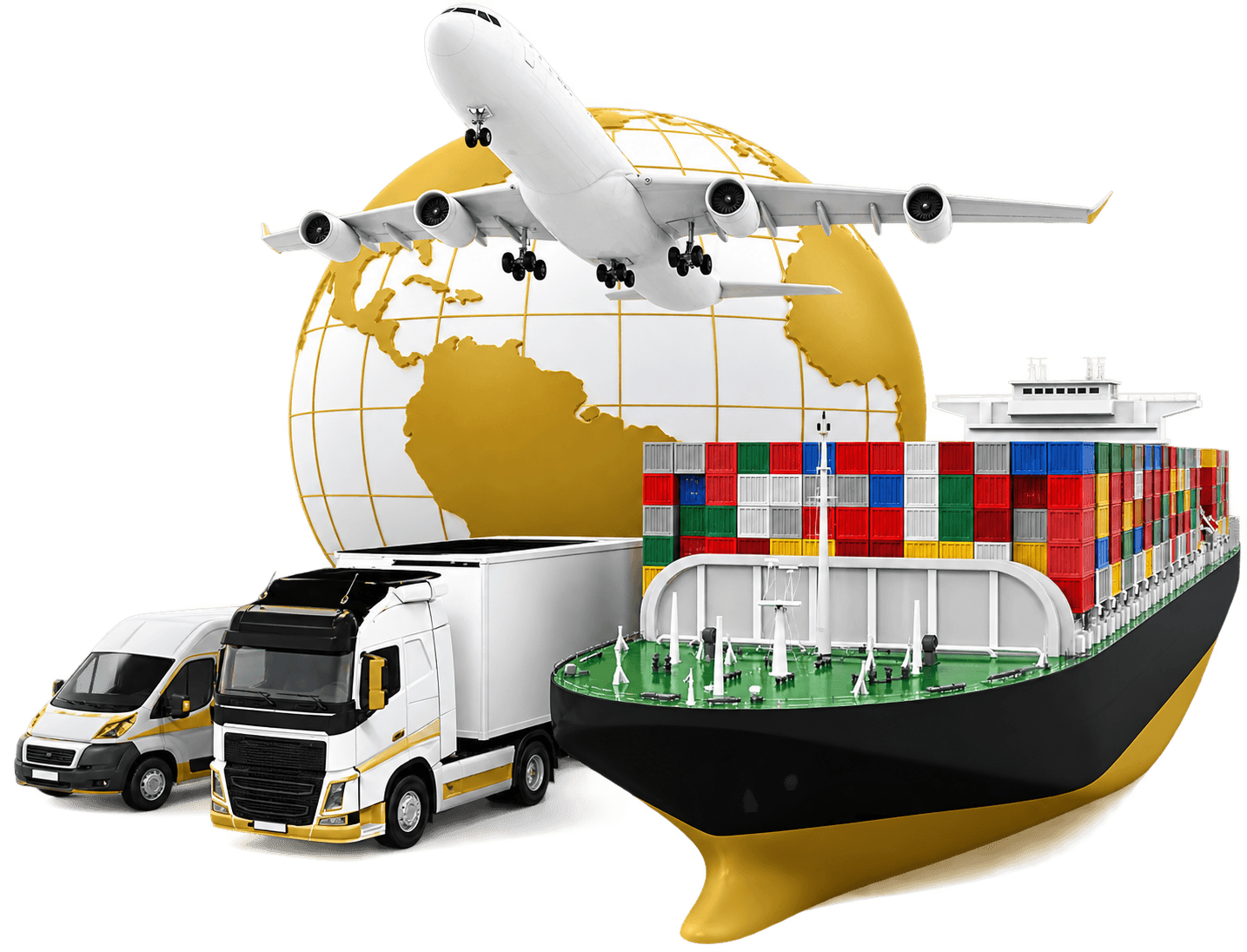 A globe ringed by an aircraft, container ship and delivery trucks, standing for enAFI's global sourcing and supply network